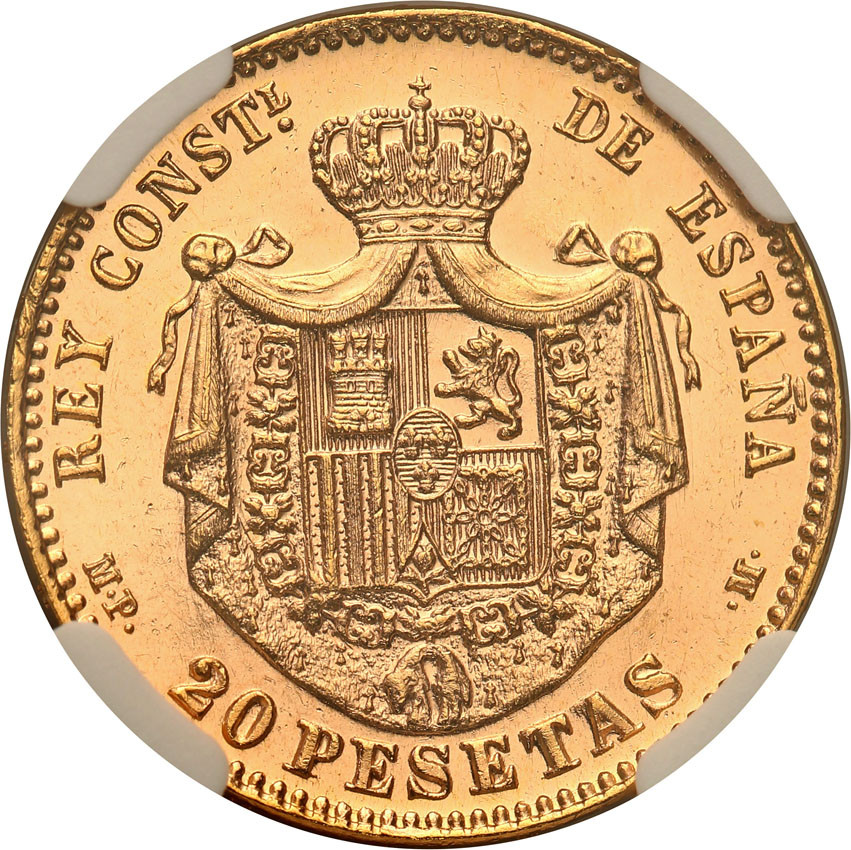 Hiszpania. Alfons XIII. 20 Pesetas 1887 nowe bicie (1961 r.) NGC MS63